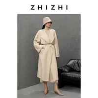 致知 忆吹箫 绵羊毛真皮腰带一粒扣长大衣25年冬新款ZZ2EWWWQ013