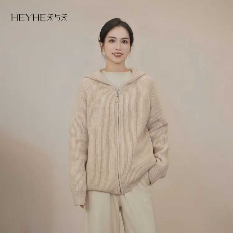 小禾【星空】100绵羊毛三色纱慵懒老钱风连帽拉链长袖圆领针织衫