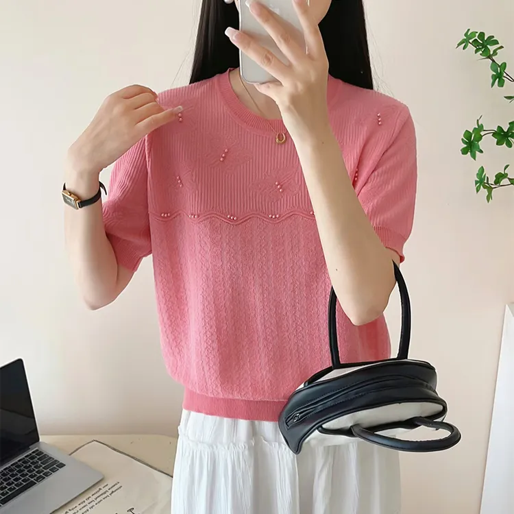 2025春夏新款时尚百搭钉珠短袖时尚针织衫女装钩花显瘦洋气上衣