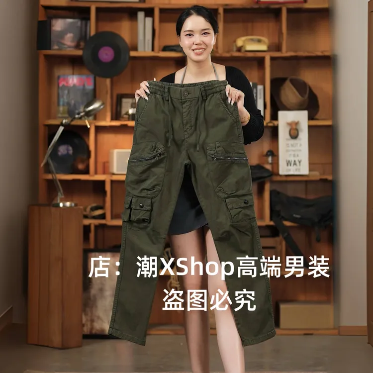 潮X原创高端复古军绿色多口袋男士休闲工装裤宽松直筒户外潮个性