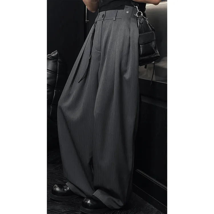 龙叨叨夏季新款潮流竖纹层叠设计高级感休闲宽松垂感阔腿百搭长裤