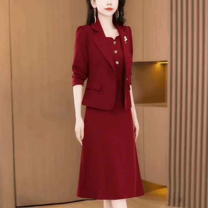 春秋喜婆婆婚宴装红色连衣裙结婚妈妈礼服宴会西装两件套平时可穿