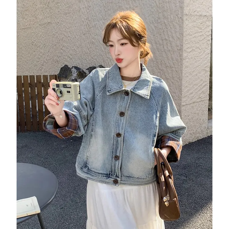格纹拼接牛仔外套女春秋2025新款短款流行减龄小个子夹克上衣