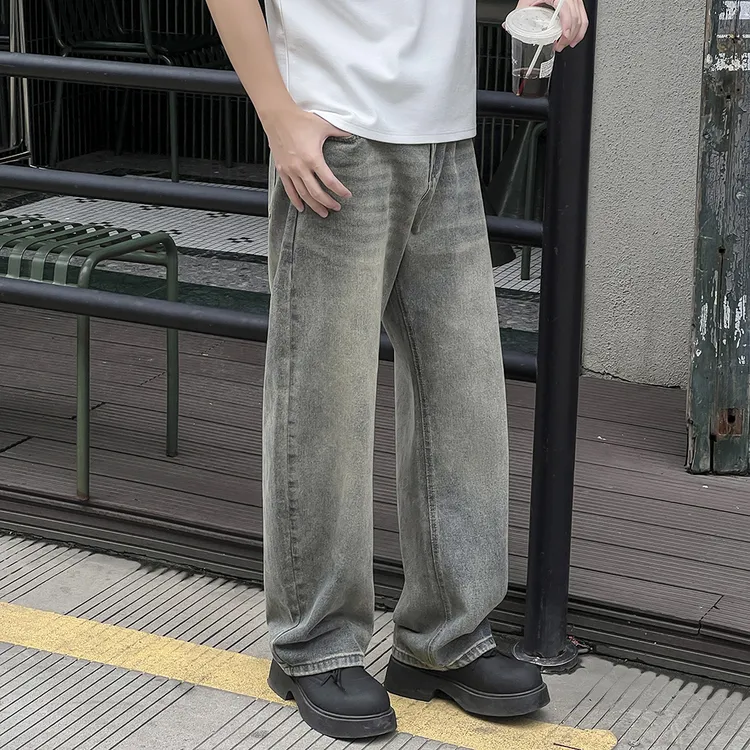 【PODIEN】韩版秋季宽松水洗男士直筒牛仔裤百搭潮ins流行弯刀裤