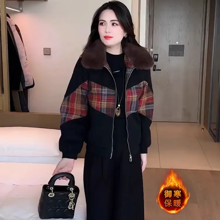 时尚加绒加厚格纹拼接外套女洋气带毛领保暖短款棉衣