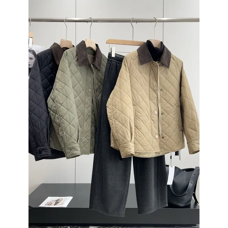 高端线！设计师款撞色灯芯绒翻领菱格老钱风夹棉外套女