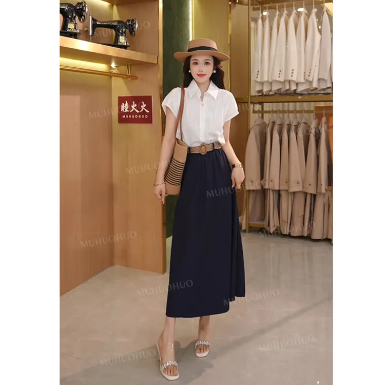 【睦火火】优雅气质小飞袖衬衫+高腰半身裙两件套女（送腰带） 25110#