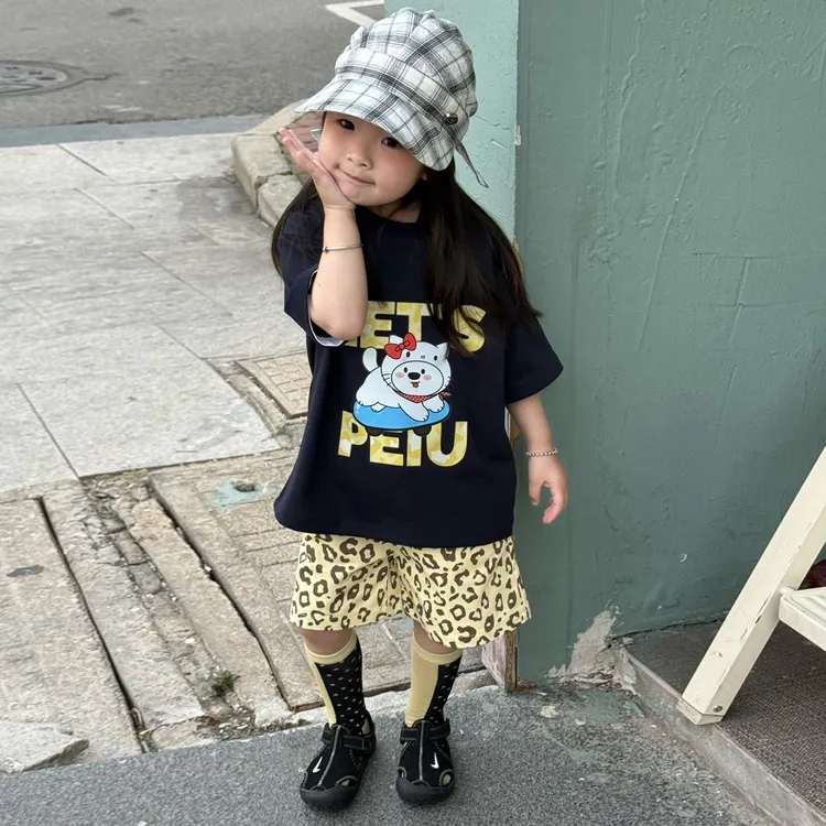 壹妈可爱萌娃穿搭衣服2025夏装新款卡通印花短袖T恤豹纹短裤套装