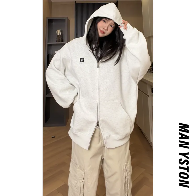 美式高街连帽拉链卫衣男款休闲百搭中性风青少年宽松帽衫情侣外套