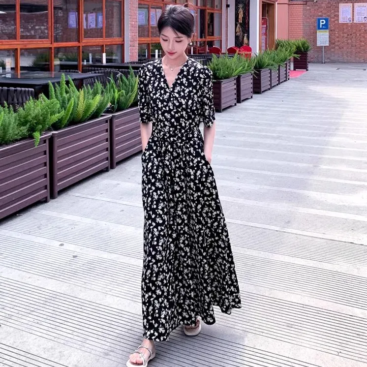 高个子女长裙子夏季170加长版到脚踝超长款法式雪纺碎花连衣裙175