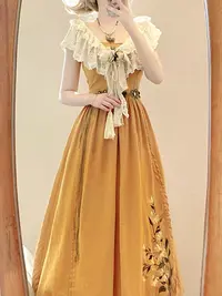 国风姜黄色吊带连衣裙针织披肩两件套女夏收腰显瘦长裙子