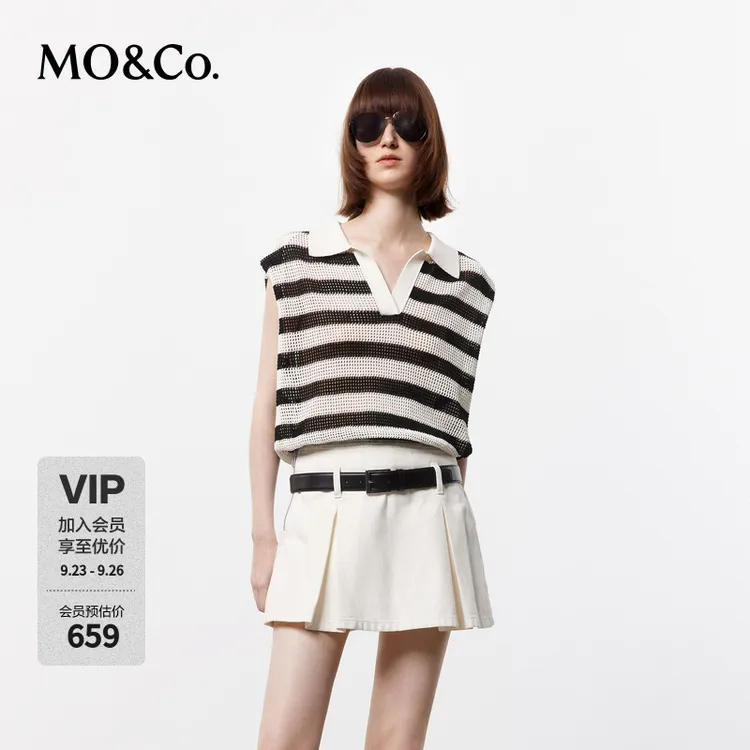 MOCO夏季POLO领镂空黑白挑孔轻薄宽松条纹背心MBD2SWTK01