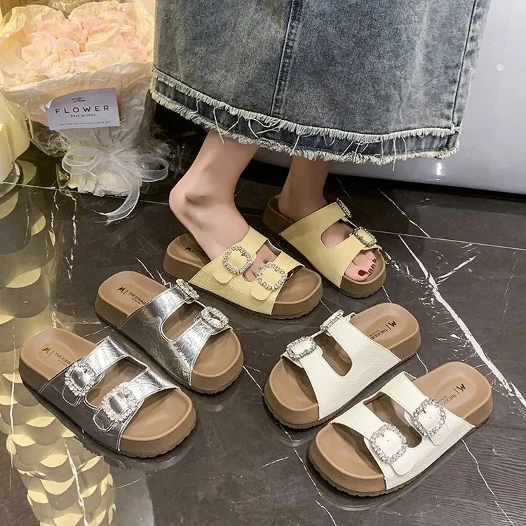 水钻一字拖修面皮夏季沙滩鞋韩版平底凉鞋厚底极简风网红时尚休闲