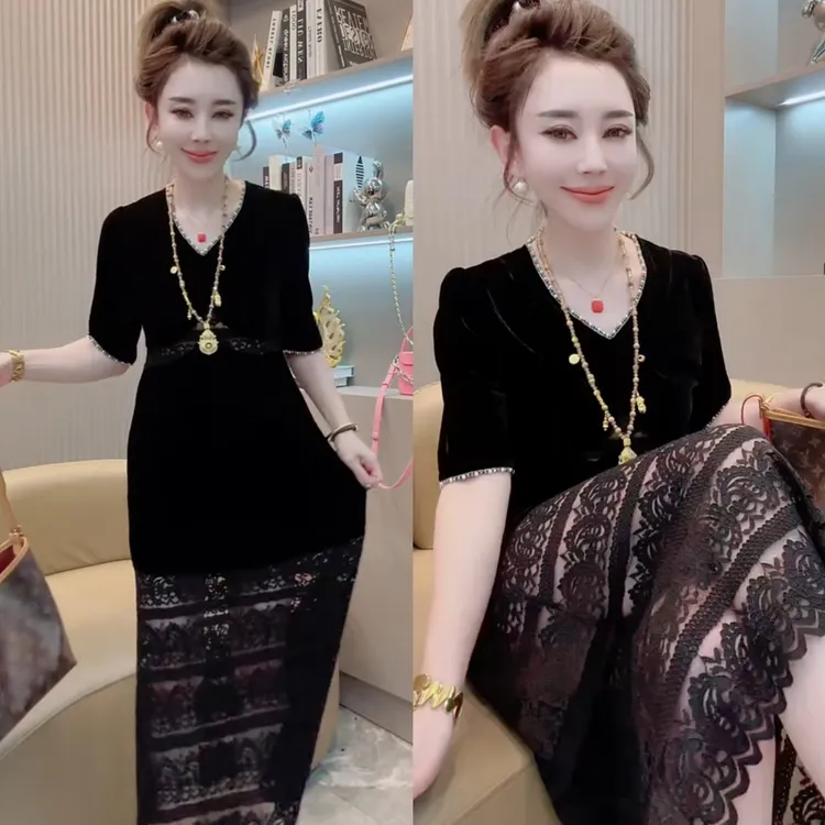 重工串珠早秋连衣裙女款2025金丝绒拼接蕾丝时尚百搭修身显瘦遮肉