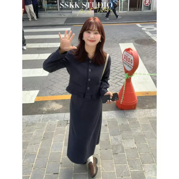 KMZY/KMZY山_山【韩感少女】微胖韩系翻领木耳边时尚外套+长裙套装