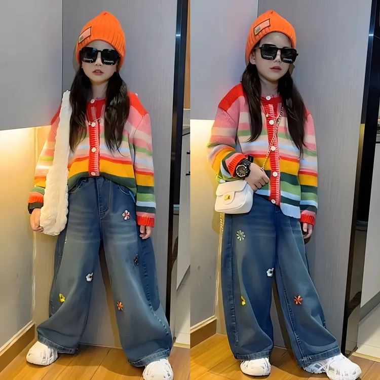 女童秋装套装中大童洋气时尚女孩彩虹毛衣针织衫牛仔阔腿裤两件套
