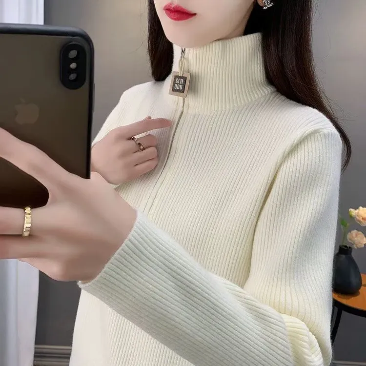 加厚毛针织衫灰色加绒高领毛衣女修身针织时尚宽松