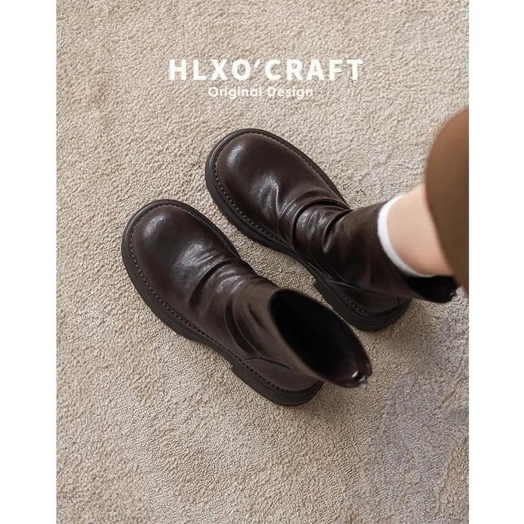 真皮褶皱瘦瘦短靴女2025秋冬新款粗跟堆堆靴厚底英伦风加绒马丁靴