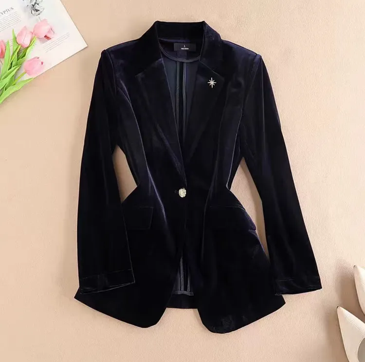 9828丝绒西装韩版修身型平驳领常规款一粒扣红色礼服女休闲西装