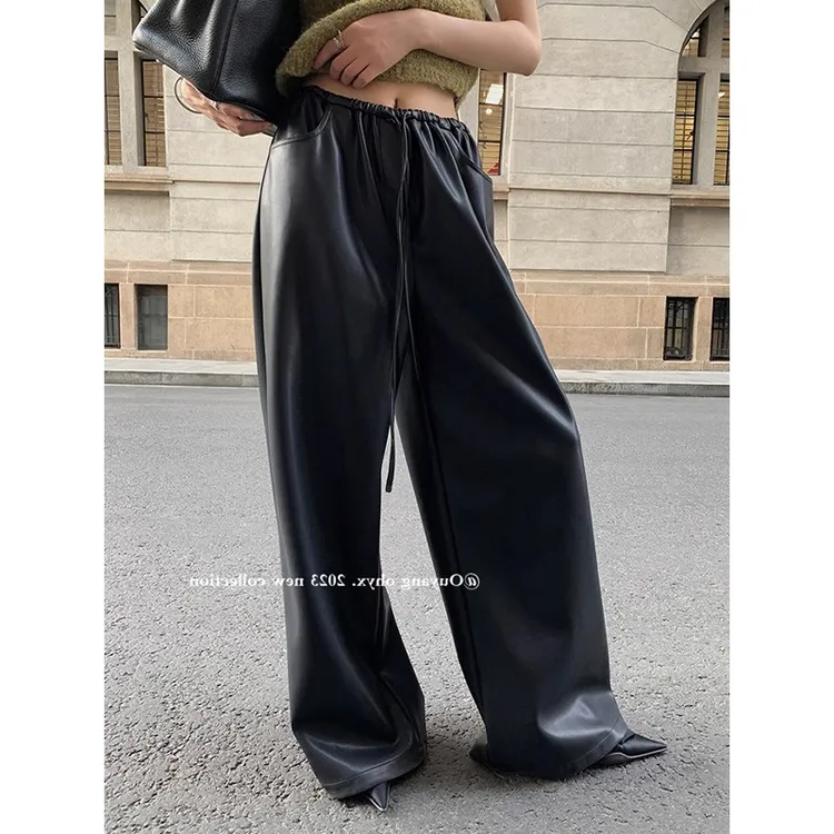 耶古时髦精黑色PU皮磨毛阔腿裤女秋冬季宽松加厚软糯细滑直筒长裤