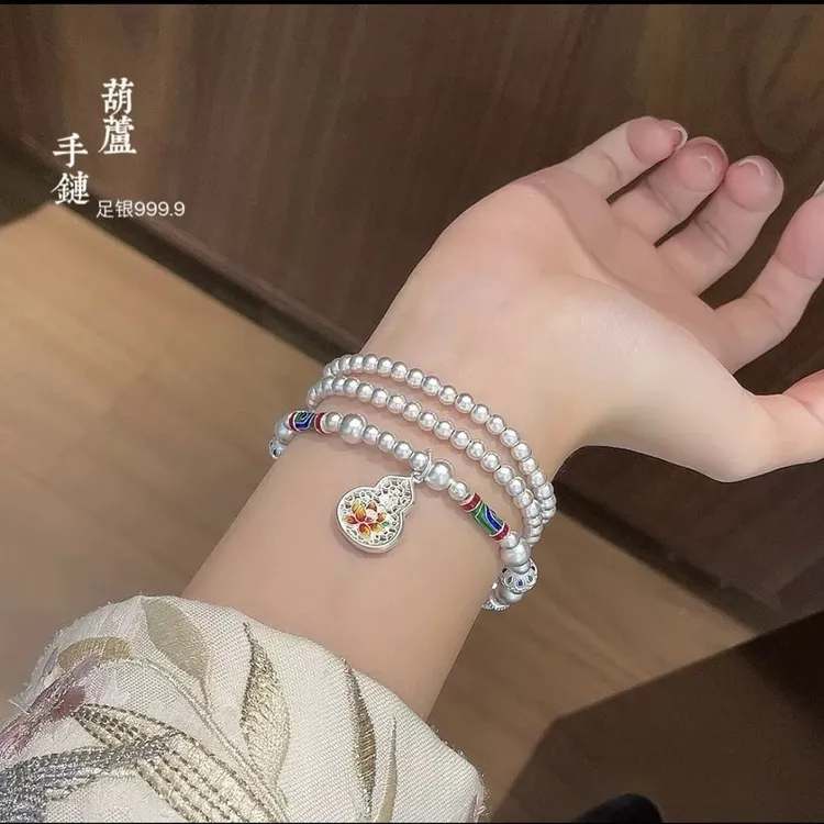 足银手链 999纯银手錬女古法珐瑯彩三圈串珠葫芦手环百搭高级感 