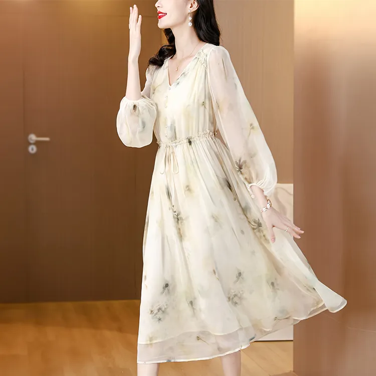 夏季雪纺碎花V领中长裙长裙印花常规连衣裙长款甜美复古气质显瘦