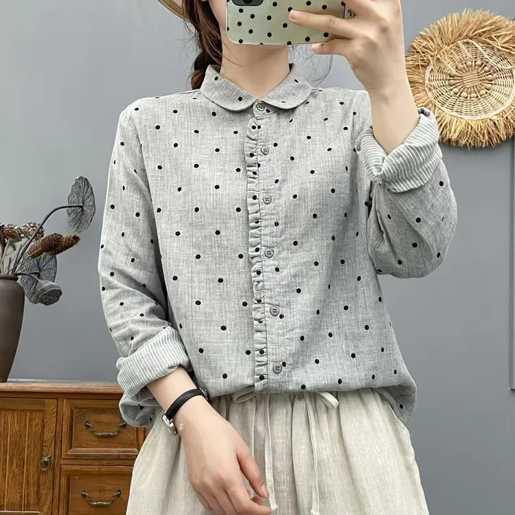长袖纯棉波点衬衫女2025秋季复古文艺方领宽松显瘦棉纱衬衣女上衣