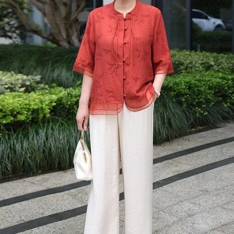 母亲节衣服中老年女装夏装新中式T恤新款妈妈装中袖衬衫