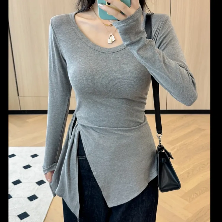 开叉打底衫显瘦内搭长袖不规则修身设计感t恤辣妹百搭紧身小众