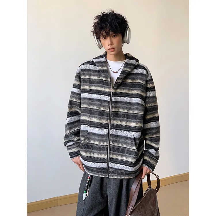 日系慵懒条纹针织衫外套男款秋季美式复古重磅连帽衫潮牌开衫卫衣