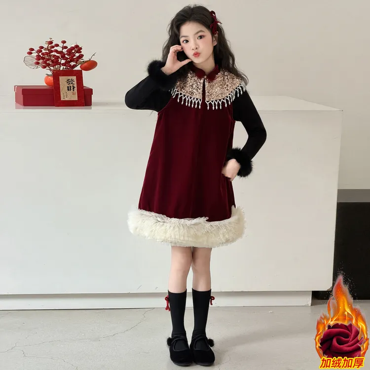 女童冬季女孩长袖碎花冬装蛋糕裙女加厚加绒少女风连衣裙秋冬