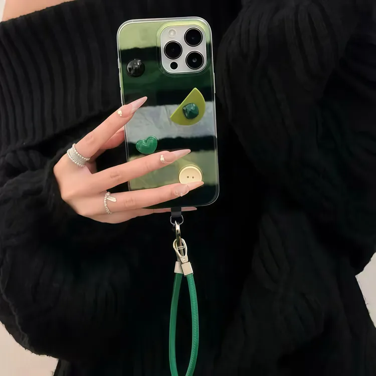 复古绿纽扣挂绳适用iPhone16苹果15手机壳17华为P70vivoppo小米14