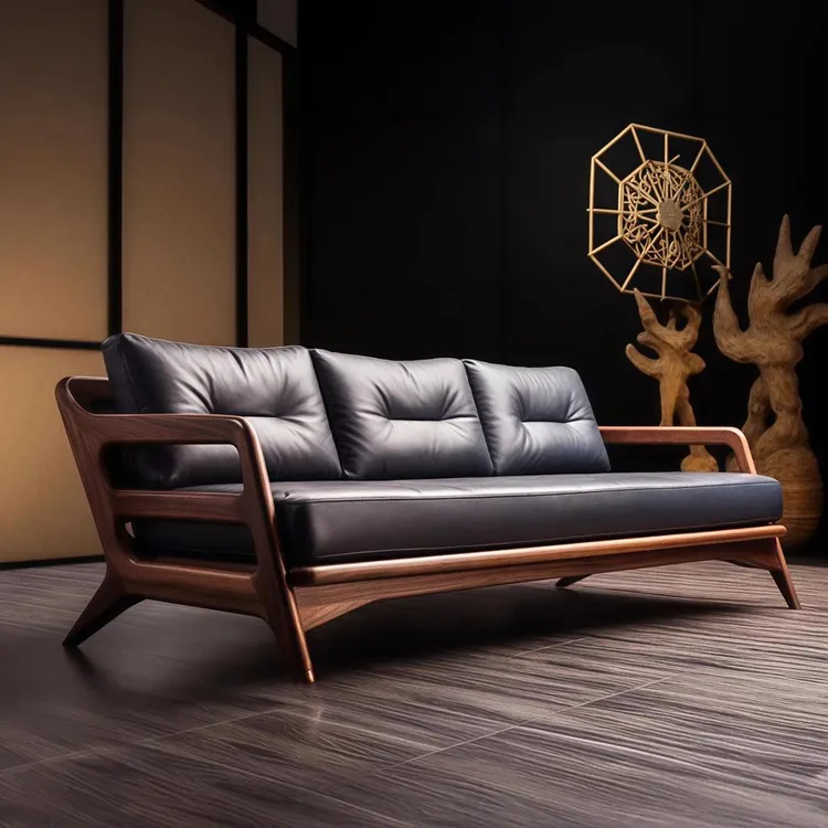 北美黑胡桃木客厅实木沙发现代简约贵妃床真皮直排小户型沙发2025