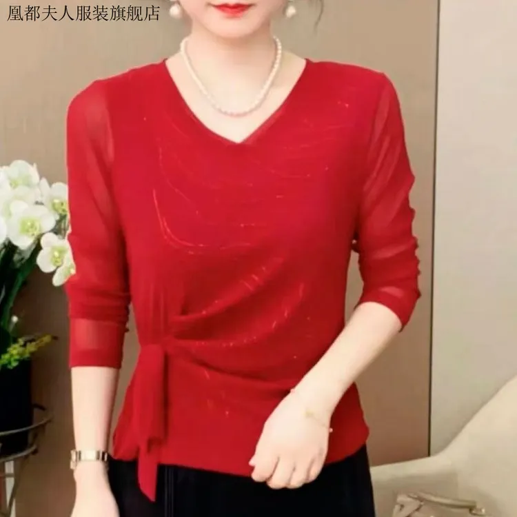 MM2025秋季新款时尚气质网纱长袖打底衫女洋气妈妈装显瘦百搭小衫