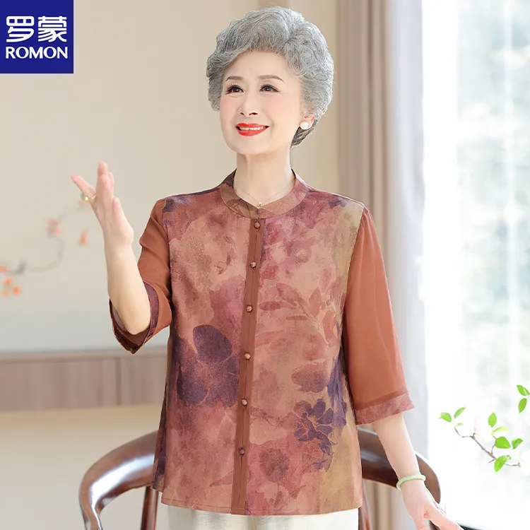 罗蒙奶奶夏装气质衬衫老年人女新中式国风七分袖老人太太妈妈衣服