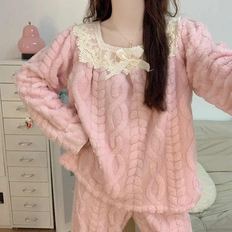 【加绒加厚】珊瑚绒睡衣女款秋冬季甜美蕾丝边法兰绒保暖家居服套装