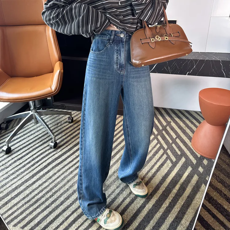 窄版韩系牛仔裤女直筒2025秋冬加绒新款百搭宽松垂感拖地阔腿裤