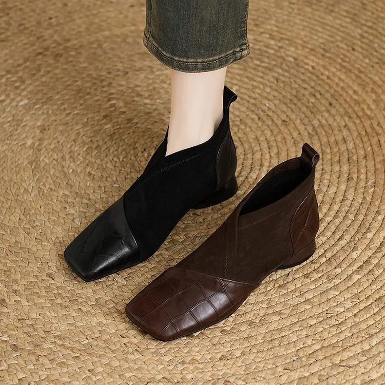 2025新款秋冬复古牛皮瘦瘦靴粗跟低跟真皮切尔西靴软底方头短靴女