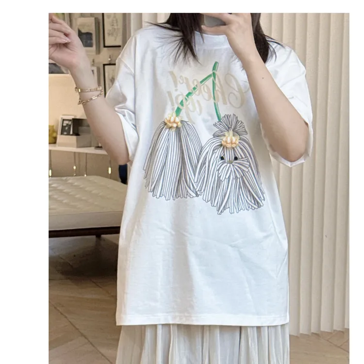 超好看独特漂亮上衣白色樱桃扫把小狗短袖t恤女2025新款爆款夏季