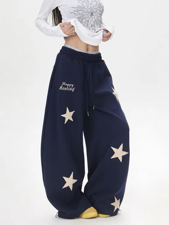 美式复古藏青色星星休闲卫裤女2025新款街舞运动潮流直筒阔腿长裤