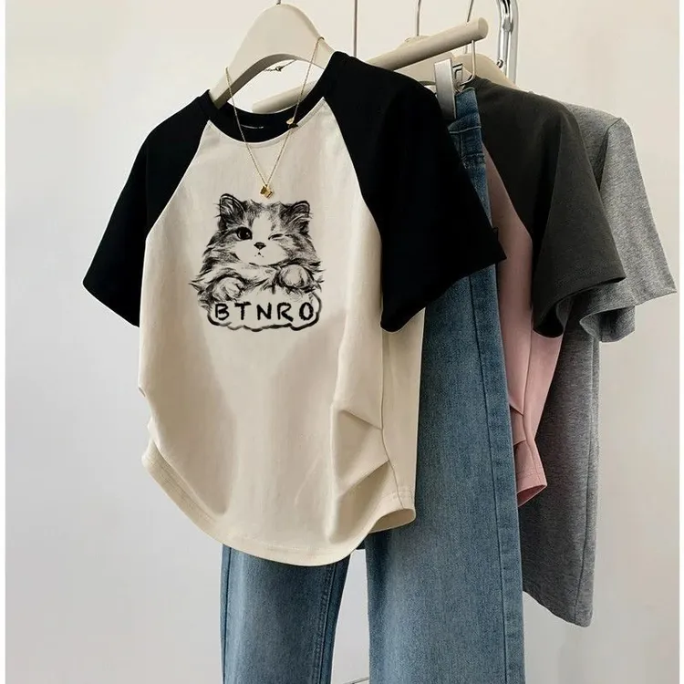 美式复古短袖t恤女2025新款爆款夏季设计感插肩短款正肩上衣ins潮