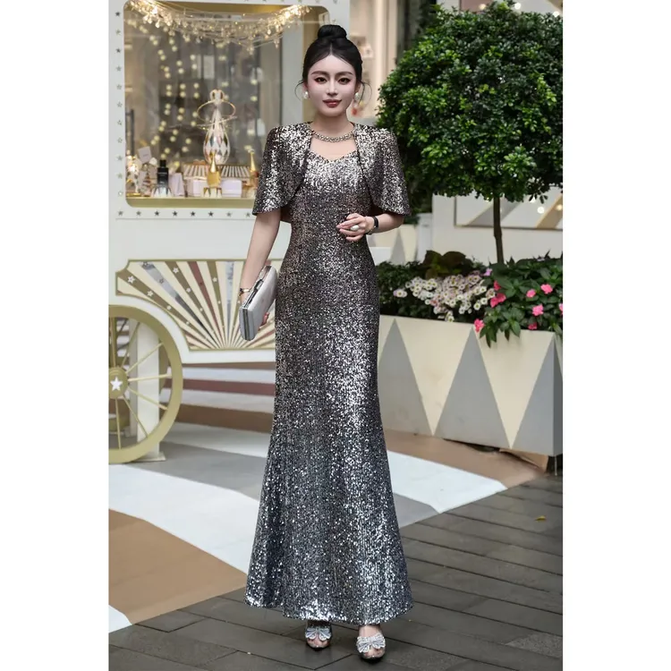 欧美法式重工订钻亮片闪闪奢华礼服长裙婚礼宴会晚装年会连衣裙女