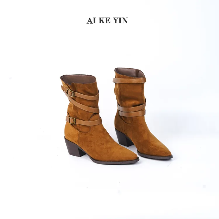 【艾珂茵】秋冬新款小方头无拉链金属皮带扣粗跟时装短靴单里时尚