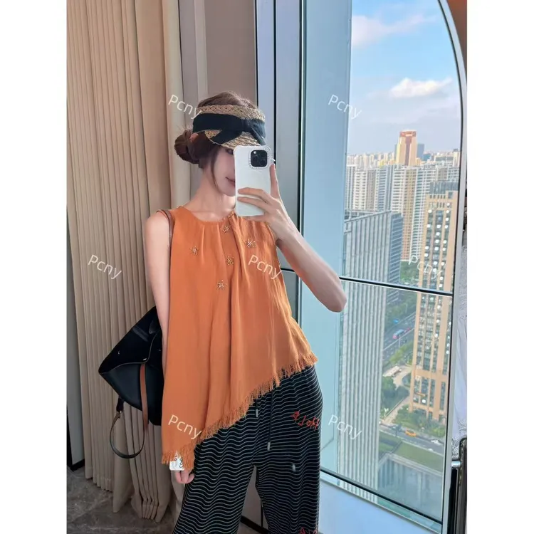 PCNY「流苏星语」不理理夏季新款小众女装法式设计钉珠无袖背心上衣