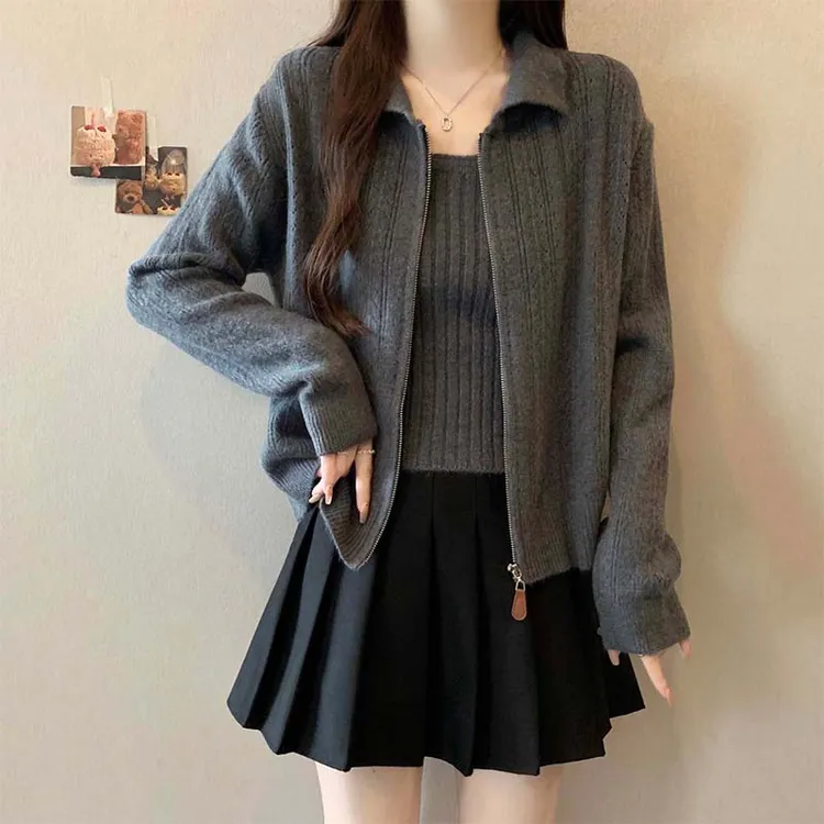 大码遮肚子吊带背心针织衫毛衣套装女秋季胖妹妹洋气百搭减龄上衣