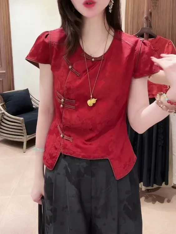 红色圆领短袖背心2025夏季新款女装斜襟门盘扣设计新中式国风上衣