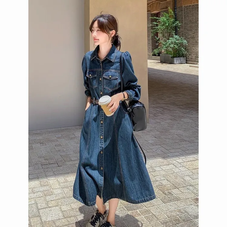 港味复古蓝色牛仔连衣裙女中长款2025秋装新款收腰显瘦长袖衬衫裙