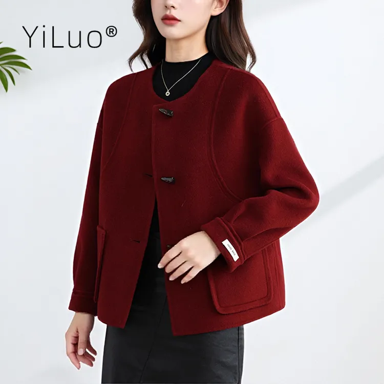 双面呢羊毛大衣女短款2025秋冬新款高级感牛角扣圆领羊毛呢子外套