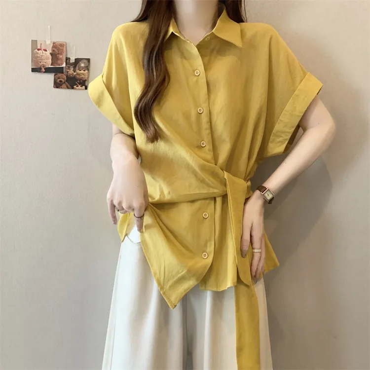 黄色正肩短袖衬衫女2025夏季新款大码胖mm收腰不规则绑带显瘦上衣