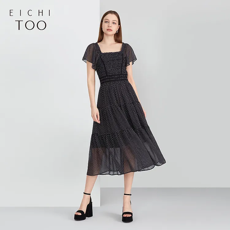 A爱居兔夏季女装淑女风荷叶边裙摆收腰短袖连衣裙EQLBJ2L089A